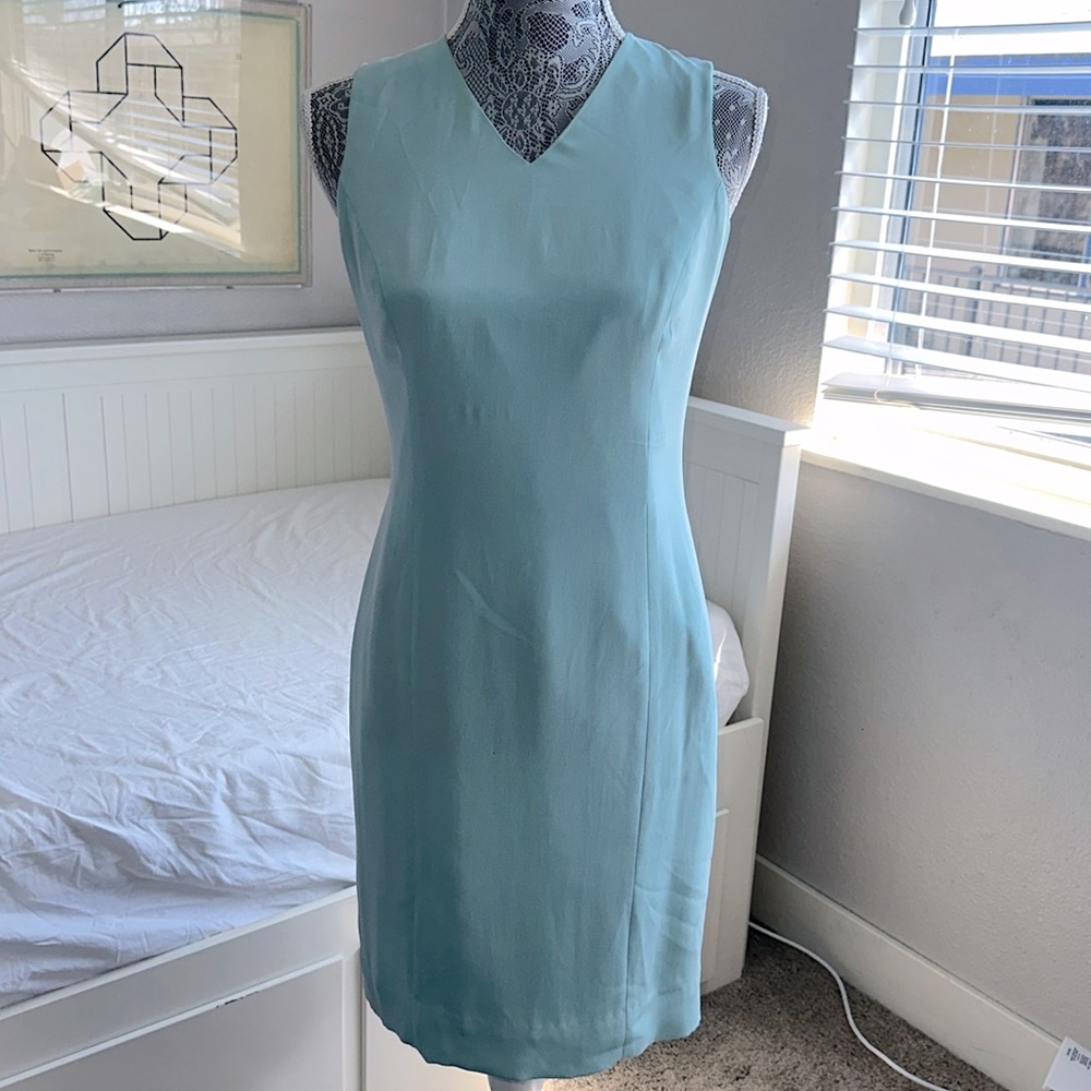 Jones New York Petite A-Line Short Sleeve Silk Ocean Blue Aqua Midi Dress